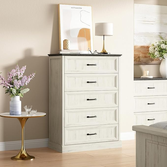CARPETNAL Farmhouse Dresser and Nightstand Sets for Bedroom, 4 Pcs Bedroom Set, 5 Drawer & 7 Drawer Dresser and Nightstand Set of 2, Wood Chest of Drawers for Living Room, Entryway, White