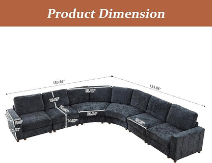ORRD Oversized Curved Sectional Sofa, Convertible L Shaped Couch with Deep Seat, Boucle Modular Sectional Sofa with Pillows, Curved Chenille Comfy Corner 6 Seat Couch for Living Room, Black Blue