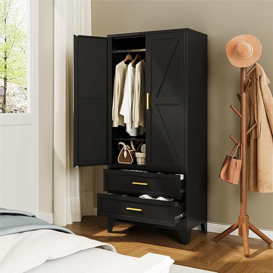 YAUWOH Farmhouse Wardrobe Cabinet with 2 Drawers,Metal Wardrobe Closet with Hanging Rod,Metal Armoire with Adjustable Shelves for Bedroom, Cloak Room,Office (Blakc)