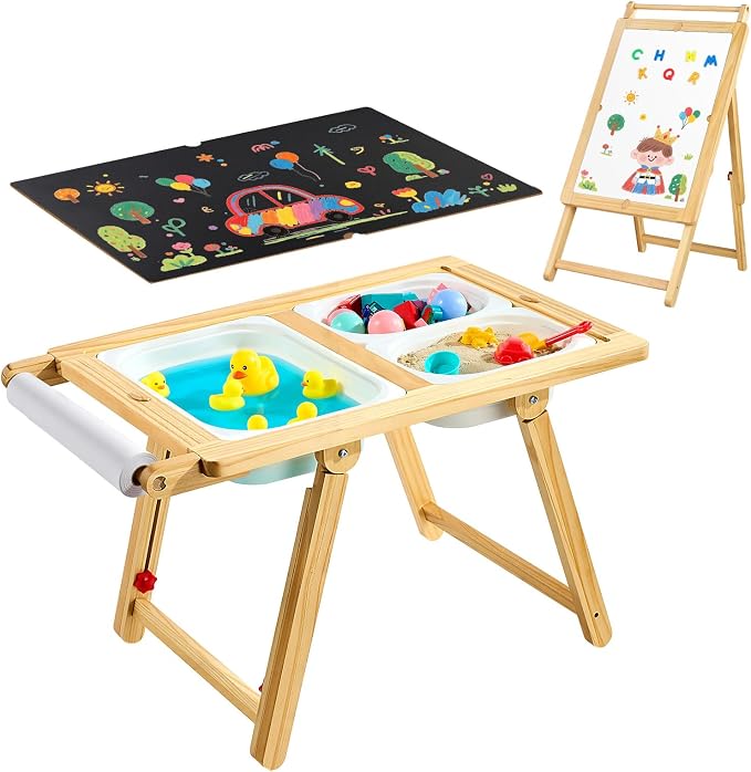 VEVOR Sensory Table for Toddlers, Wooden Kids Activity Table and Art Easel with Reversible Double-Sided Board, Storage Bins, for Boys and Girls Playing Sand and Water, Drawing, Studying, Dining