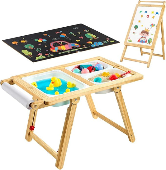 VEVOR Sensory Table for Toddlers, Wooden Kids Activity Table and Art Easel with Reversible Double-Sided Board, Storage Bins, for Boys and Girls Playing Sand and Water, Drawing, Studying, Dining