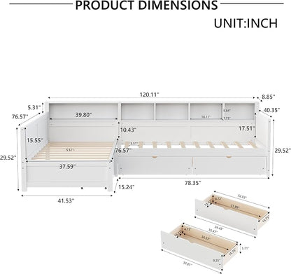 Bellemave L Shaped Corner Bed for 2 Kids, Double Twin Platform BedFrame with 3 Storage Drawers and Shelves, White