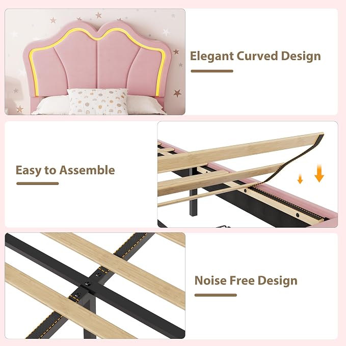 Garvee Twin Bed Frame with Storage, Upholstered LED Bed Frame with Headboard, Cute Velvet Platform Bed Frame for Kids, Girls, Solids Wood Slats Support, No Box Spring Needed, Easy Assembly, Pink