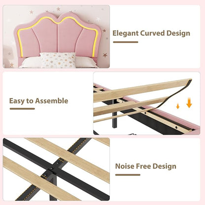 Garvee Twin Bed Frame with Storage, Upholstered LED Bed Frame with Headboard, Cute Velvet Platform Bed Frame for Kids, Girls, Solids Wood Slats Support, No Box Spring Needed, Easy Assembly, Pink