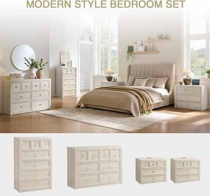 6 Drawers Dresser for Bedroom-46.5" Wide Wooden Chest of Drawers with Large Storage, Long Dresser TV Stand with Drawers, Farmhouse Closet Dressers for Living Room Bedroom, Grey White