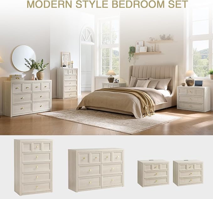 5 Drawers Dresser for Bedroom, 45.7" Tall Large Dresser & Chests of Drawers with Metal Handle, Clothes Storage Organizer Dresser w/Natural Texture for Bedroom, Living Room-Grey White