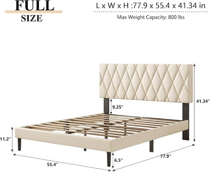 CXVX Full Size Bed Frame with Diamond Tufted Headboard, Velvet Upholstered Platform Bed and Wooden Slat Support, Noise-Free, No Box Spring Needed, Easy Assembly, Beige
