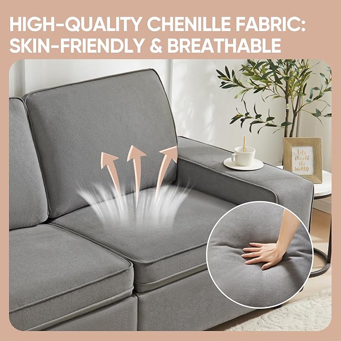 Waxberry 71" Chenille Loveseat Sofa Couch for Living Room with Seat Storage, Modern 2-Seater Deep Seat Sofa with Side Pockets & Type-C/USB Ports, Detachable Backrest for Office, Apartment (Grey)