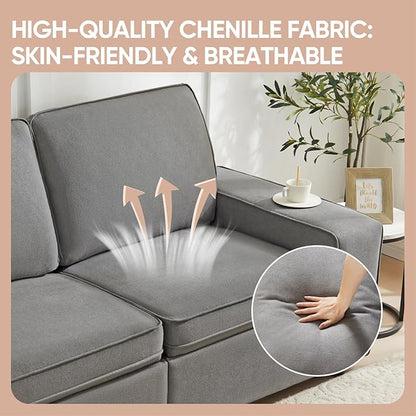 Waxberry 71" Chenille Loveseat Sofa Couch for Living Room with Seat Storage, Modern 2-Seater Deep Seat Sofa with Side Pockets & Type-C/USB Ports, Detachable Backrest for Office, Apartment (Grey)