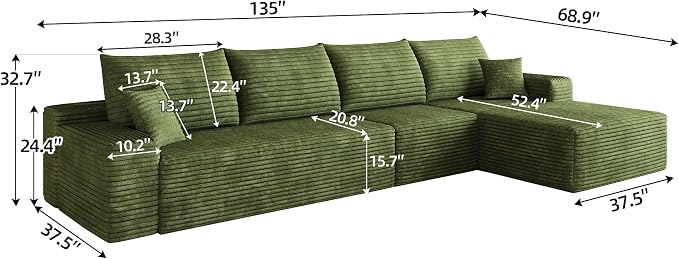 Eafurn 135" Oversized L-Shaped Boneless Sectional Sofa Couch with Chaise, Fluffy Corduroy Modular Couch with Deep Seat,Flexible Combination Corner Sofa & Couch for Living Room, No Assembly