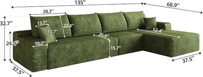 Eafurn 135" Oversized L-Shaped Boneless Sectional Sofa Couch with Chaise, Fluffy Corduroy Modular Couch with Deep Seat,Flexible Combination Corner Sofa & Couch for Living Room, No Assembly
