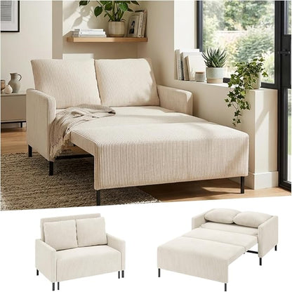 Welzona 47.2" Convertible Sofa Bed Couch, Comfy Corduroy Loveseat Sleeper Sofa, 620lbs Capacity Couch Bed, Easy Setup Love Seat Sleeper Bed 2 Pillows, Small Couches for Living Room/Office, Ivory White