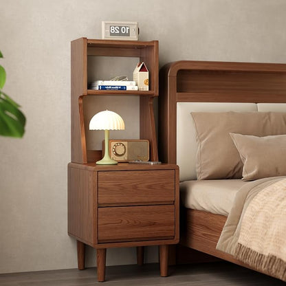 Solid Wood Bookshelf with Drawers,Narrow bookcase with Storage Shelves,Tall Nightstand with Drawers,Mid Century Modern Nightstand,Open Shelf Bookcase,Small Book Shelf for Bedroom,Living Room,Offices