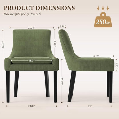 Modern Dining Room Chairs Set of 2 with Mid Back and Wood Legs, Upholstered Kitchen Chairs for Dining Room/Living Room, Light Green
