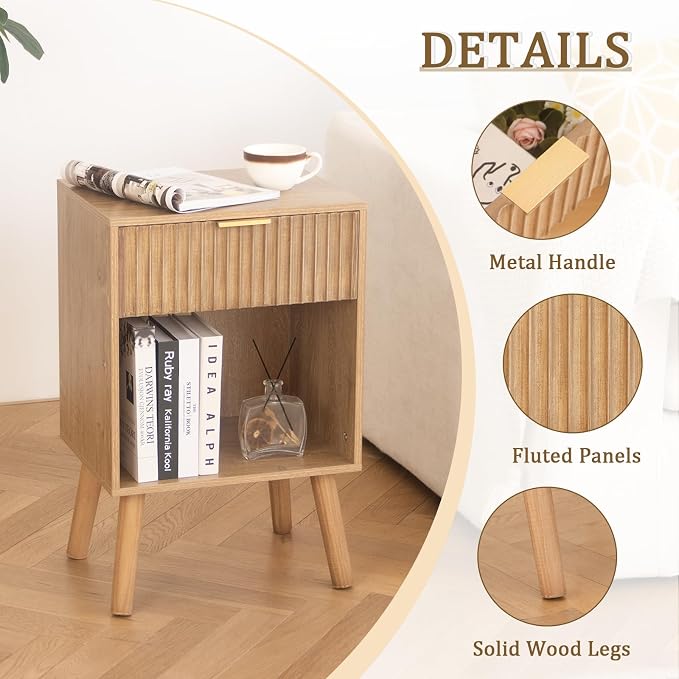 Fultyle Night Stand with Drawer, Mid Century Nightstand with Storage, Modern Fluted Bedside Table Bedroom Living Room for Small Space, Office (Rustic Walnut)