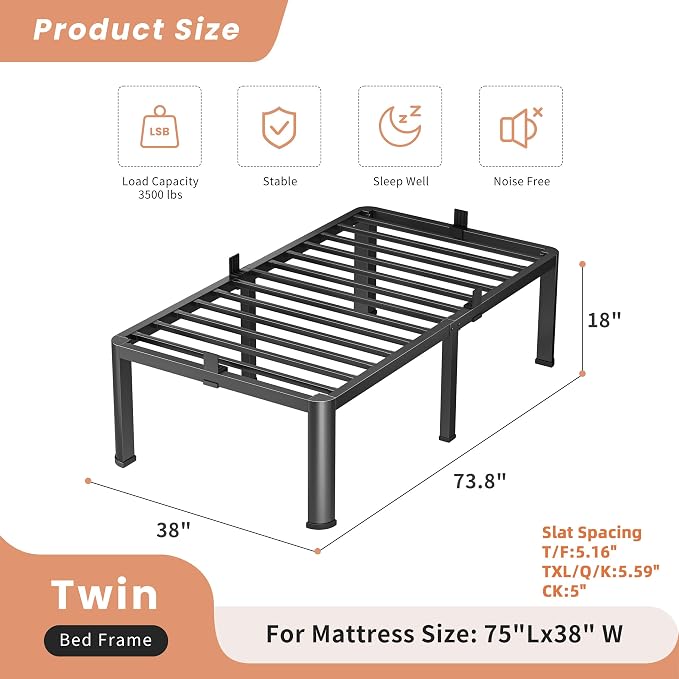 VIPSHOW 18 Inch Twin Heavy Duty 3500 lbs Bed Frame with Round-Corner Legs & Anti-Squeak Design – Quick Assembly Metal Platform, No Box Spring Needed