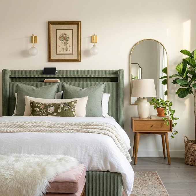 Queen Size Bed Frame with Tall Headboard, 55.3" Upholstered Platform Queen Bedframe with Wingback Storage Headboard, Charging Station & LED Lights, No Box Spring Needed, Wooden Slats, Corduroy, Green