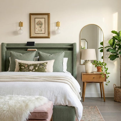 Queen Size Bed Frame with Tall Headboard, 55.3" Upholstered Platform Queen Bedframe with Wingback Storage Headboard, Charging Station & LED Lights, No Box Spring Needed, Wooden Slats, Corduroy, Green
