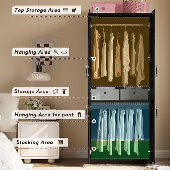 MEISSALIVVE Armoire Wardrobe Closet with 4 Door, 74.8" Large Wardrobe Cabinet with Hanging Rod, Freestanding Modern Bedroom Armoire Storage Cabinet, Black