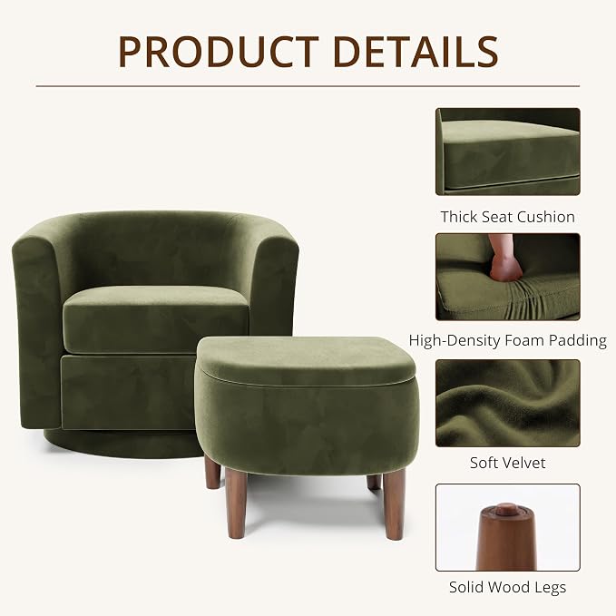 Swivel Accent Chair with Storage Ottoman, Modern Velvet Barrel Chair, Upholstered Armchair with Footrest for Living Room/Reading/Bedroom, 25.4'' D x 28.35'' W x 24.4'' H, Green