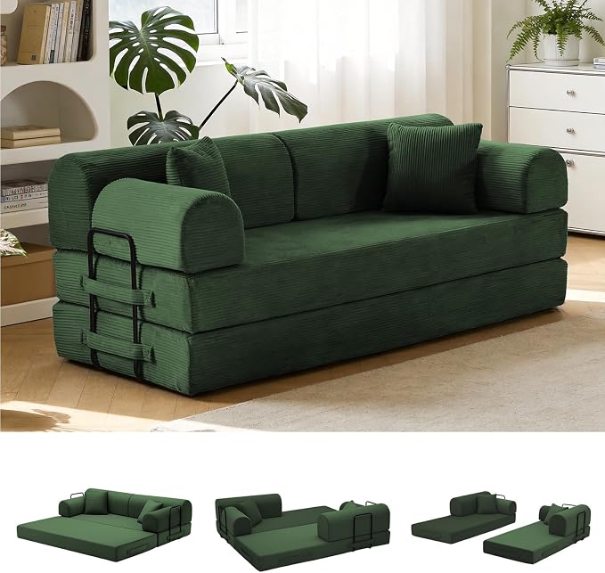 79'' Convertible Sofa Bed, 6 in 1 Folding Floor Futon Couch Sleeper with Fixed Frame, Corduroy Modular Sofa Bed with Removable Armrests & Pillows, No Assembly for Living Room Bedroom (Green)