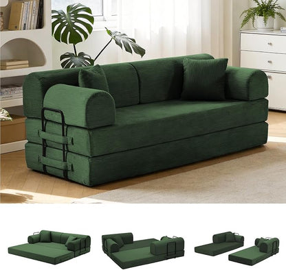 79'' Convertible Sofa Bed, 6 in 1 Folding Floor Futon Couch Sleeper with Fixed Frame, Corduroy Modular Sofa Bed with Removable Armrests & Pillows, No Assembly for Living Room Bedroom (Green)