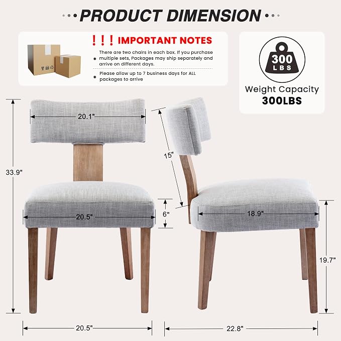 HNY Mid Century Modern Dining Chairs, Farmhouse Linen Fabric Upholstered Accent Chair Curved Backrest Kitchen Chairs Set of 2, with Hardwood Frame, Grey
