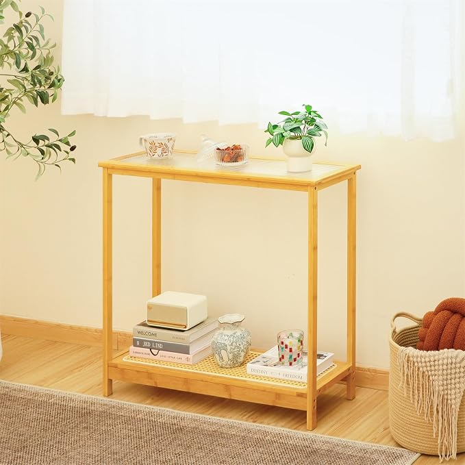 Bamboo Narrow Console Table, 31.5"(L) Wood Small Entryway Table with Rattan and Glass, Accent Slim Hallway Tables, Thin Sofa Side Tables for Hallway, Living Room, Foyer, Burlywood