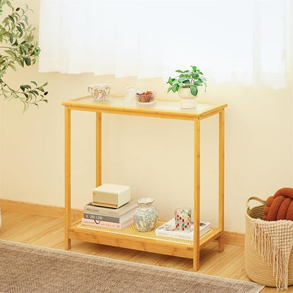 Bamboo Narrow Console Table, 31.5"(L) Wood Small Entryway Table with Rattan and Glass, Accent Slim Hallway Tables, Thin Sofa Side Tables for Hallway, Living Room, Foyer, Burlywood