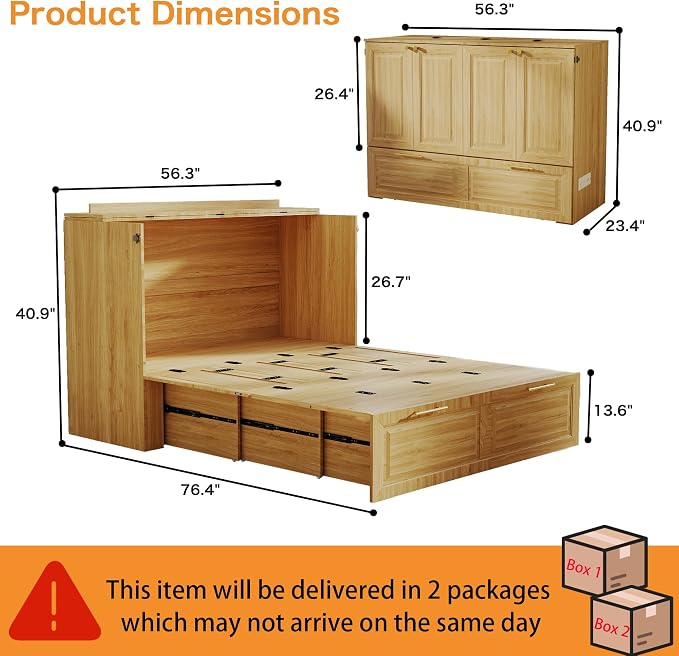 Murphy Bed Full Size: Oak 2 in 1 Murphy Bed Cabinet with Drawer, Wood Cabinet Bed with Charging Station, Modern Hidden Beds for Small Spaces