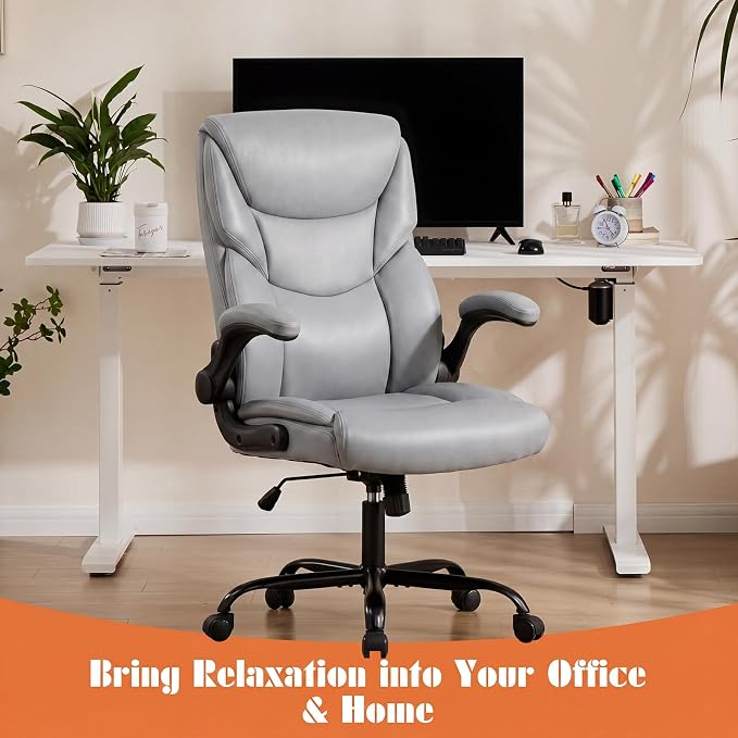 Sweetcrispy Office Computer Gaming Chair, Ergonomic High Back Heavy Duty Task Desk Chairs with Wheels, Flip-up Arms, Adjustable Height, PU Leather, Grey
