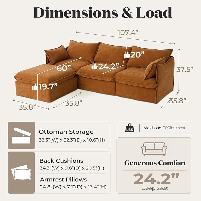 Cloud Modular Sectional Sofa, Oversized Deep Seat Comfort, Luxe Chenille | Fully Removable Washable Covers, Memory Foam Seat Cushions, Storage Ottoman, Premium Fabric