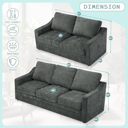 2 Pieces Chenille Sofa Set w/Soft Back Cushion, Grey | Modern 2 Seat & 3 Seats Couch Set w/Deep Seat Space, Upholstered Love Seat & Sofa w/High Density Foam for Living Room