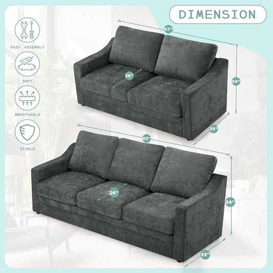 2 Pieces Chenille Sofa Set w/Soft Back Cushion, Grey | Modern 2 Seat & 3 Seats Couch Set w/Deep Seat Space, Upholstered Love Seat & Sofa w/High Density Foam for Living Room