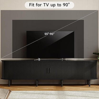 ONBRILL 86.6" TV Stand with Power Outlet for TVs up to 90 Inch, Entertainment Center with Storage and Adjustable Shelves, Modern Media Console with Sliding Doors for Living Room, Black