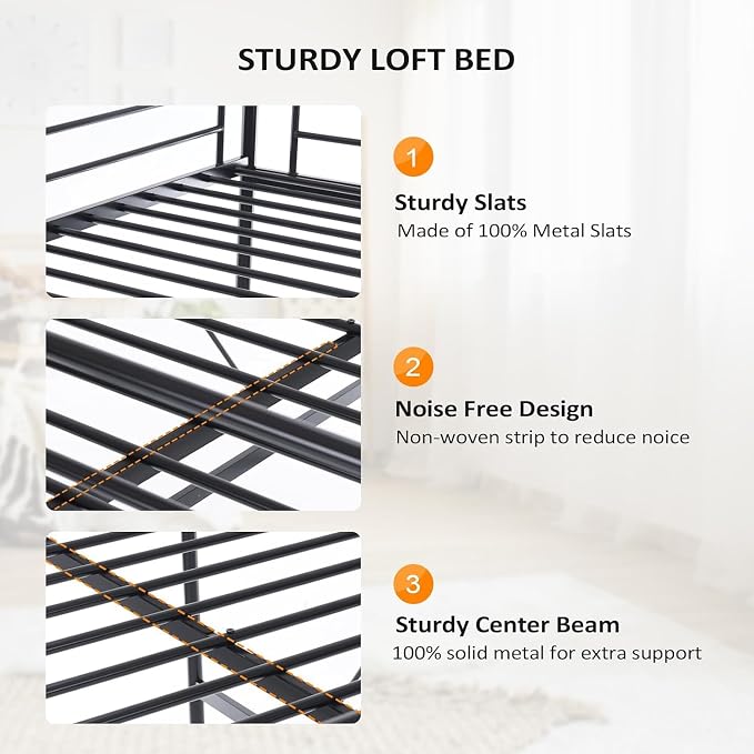 VINGLI Loft Bed Full Size with Flat Rungs for Adults, Kids and Young Teens, No Box Spring Needed,Heavy Duty Metal Slat Support,Black