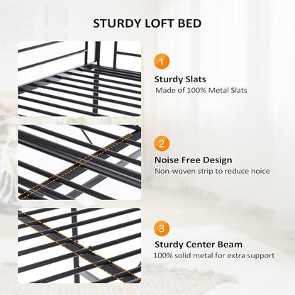 VINGLI Loft Bed Full Size with Flat Rungs for Adults, Kids and Young Teens, No Box Spring Needed,Heavy Duty Metal Slat Support,Black