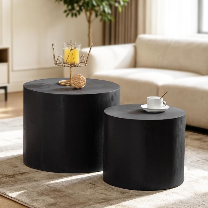Nesting Round Coffee Table Set of 2, Circle Accent End Table for Small Spaces, Morden Drum Side Table, Wooden Center Table for Living Room, Fully Assembled - Black