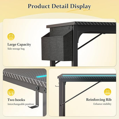 DurayLoly 32" Gaming Desk with Waterproof LED Lights, Carbon Fiber Desktop for Small Spaces | Home Office Study Computer Desk with Storage Bag & Headphone Hook, Black