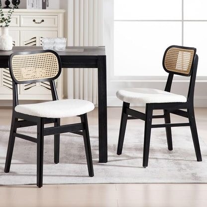 ROCITY Black Rattan Dining Chairs Set of 2 Lambswool Dining Room Chairs Natural Wooden Kitchen Chairs Farmhouse Boho