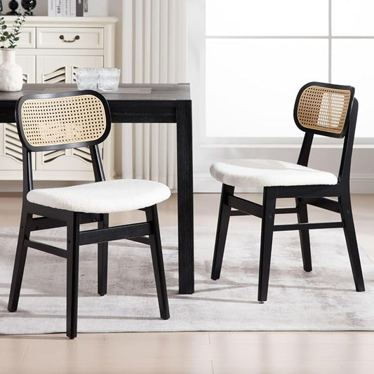 ROCITY Black Rattan Dining Chairs Set of 2 Lambswool Dining Room Chairs Natural Wooden Kitchen Chairs Farmhouse Boho