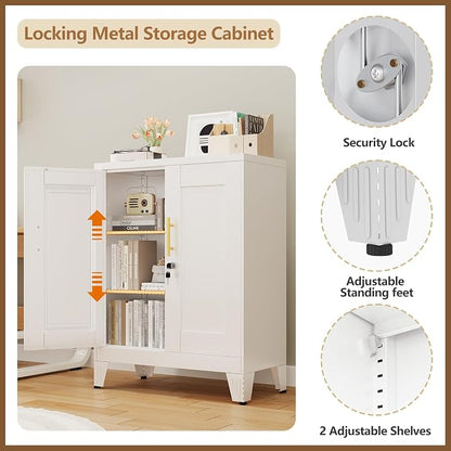 GAIOUS White Metal File Cabinet with Lock(Two Units), Steel Storage Cabient | with 2 Doors and 2 Adjustable Shelves, Multifunctional Locked Cabinet for Home/Office/Garage/Tool Room, Accent Furniture