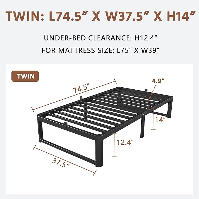 ZTH Twin Size Metal Platform Bed Frame 14 in, No Box Spring Needed, Black | Heavy duty support, Underbed storage, Noise-free design, Anti-slip clips, Rounded legs, Easy assembly, Headboard compatible