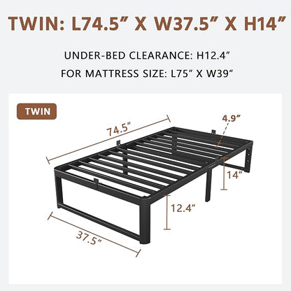 ZTH Twin Size Metal Platform Bed Frame 14 in, No Box Spring Needed, Black | Heavy duty support, Underbed storage, Noise-free design, Anti-slip clips, Rounded legs, Easy assembly, Headboard compatible
