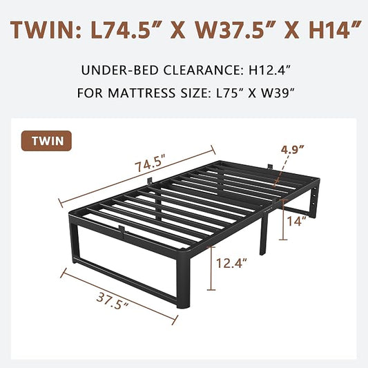 ZTH Twin Size Metal Platform Bed Frame 14 in, No Box Spring Needed, Black | Heavy duty support, Underbed storage, Noise-free design, Anti-slip clips, Rounded legs, Easy assembly, Headboard compatible