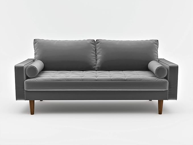 Container Furniture Direct Womble Mid Century Modern Soft Velvet Upholstered Tufted Seat with Bolster Pillows, Sofa, Silverish Grey