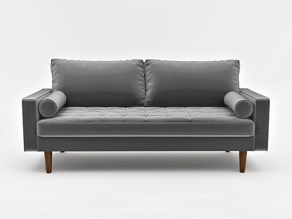 Container Furniture Direct Womble Mid Century Modern Soft Velvet Upholstered Tufted Seat with Bolster Pillows, Sofa, Silverish Grey