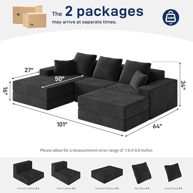 Living&Giving 101" U-Shaped Cloud Sectional Couch for Living Room, Cloud Boneless Couch-No Assembly with Reversible Chaise, Customizable 3-Seat Modular Sectional Sofa with 2 Ottoman, Black
