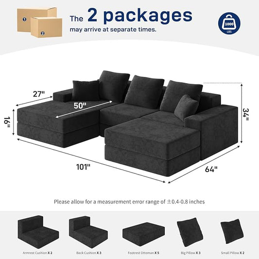 Living&Giving 101" U-Shaped Cloud Sectional Couch for Living Room, Cloud Boneless Couch-No Assembly with Reversible Chaise, Customizable 3-Seat Modular Sectional Sofa with 2 Ottoman, Black