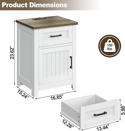 Decofy Farmhouse Nightstand with Charging Station, Modern End Tables with Large Storage and One Drawers, Outlets, USB Ports & Type-C Ports, Wood Rustic Nightstands for Bedroom (Pure White + Walnut)